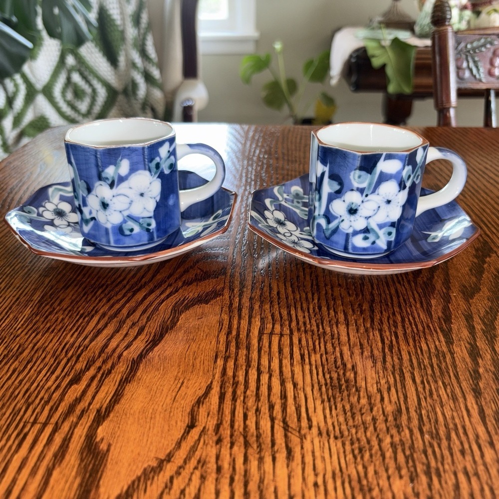 ASHIBI Porcelain Tea Cup Set, Blue and White Cherry Blossoms, Made In Japan